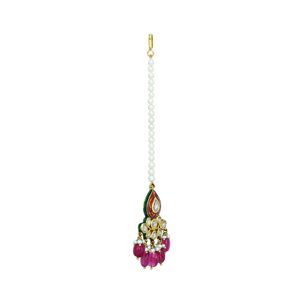 Teardrop Red Enamel Mangtikka with Polki and Tourmaline Drops